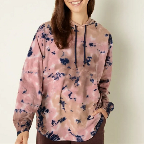 PINK VICTORIA SECRET "VARSITY" PULLOVER HOODIE LIGHTWEIGHT LONGSLEEVE TEE 2021 - Picture 2 of 13